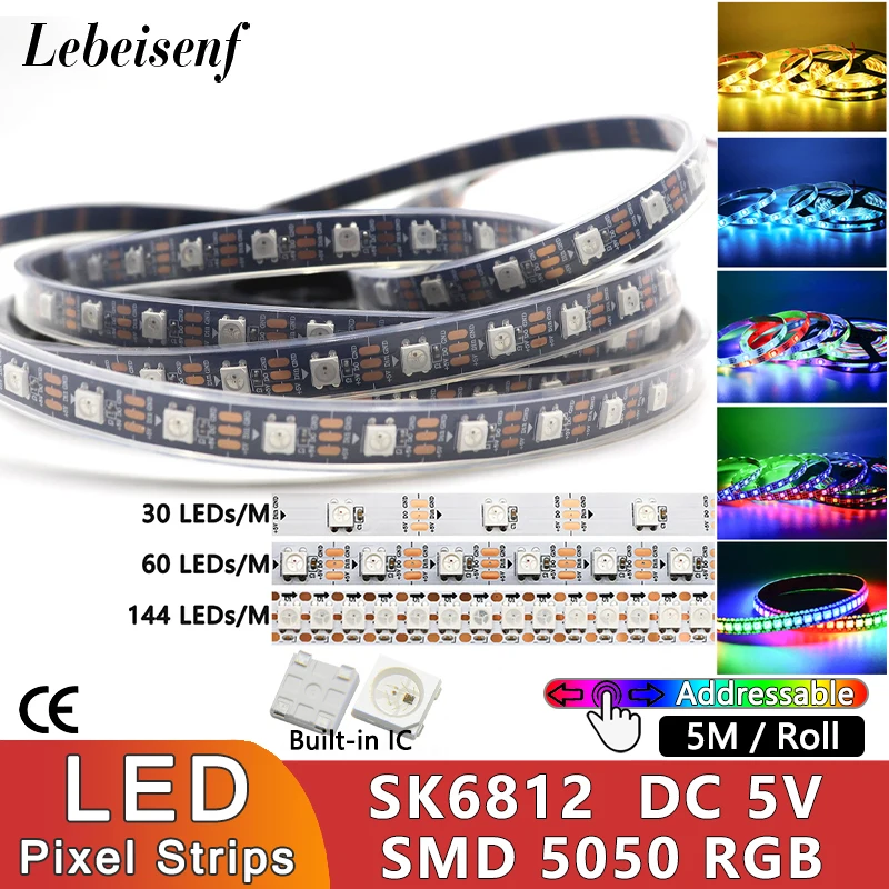 5m/roll SK6812 RGB Individually Addressable LED Magic Color Strip Lights 30 60 144 LED/M Black & White FPCB Flexible Tape Lamps