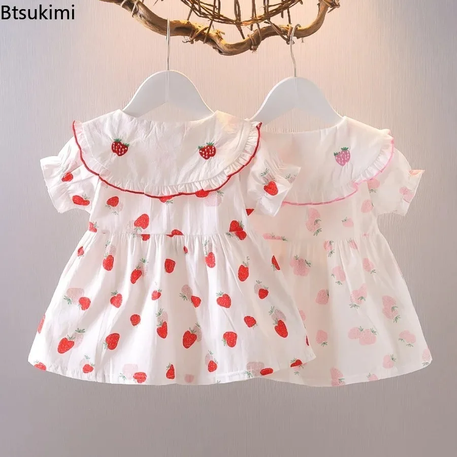 2026Girls' Embroidery Dress Cartoon Strawberries Summer Spring New Korean Girls' Princess Dress Printed Baby Kids Casual Clothes