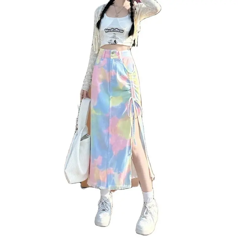 Women's A-line Denim Skirt Vintage Y2k Long Jean Skirt with Slit Harajuku Korean Elegant Cowboy Skirts 2000s Clothes Summer 2024