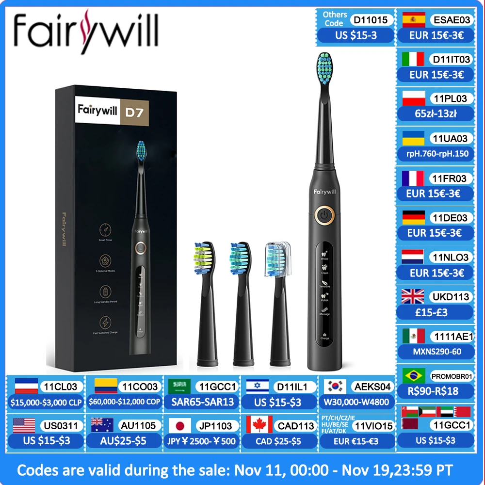 

Fairywill Electric Sonic Toothbrush USB Charge FW-507 Rechargeable Waterproof Electronic Tooth Brushes Replacement Heads Adult
