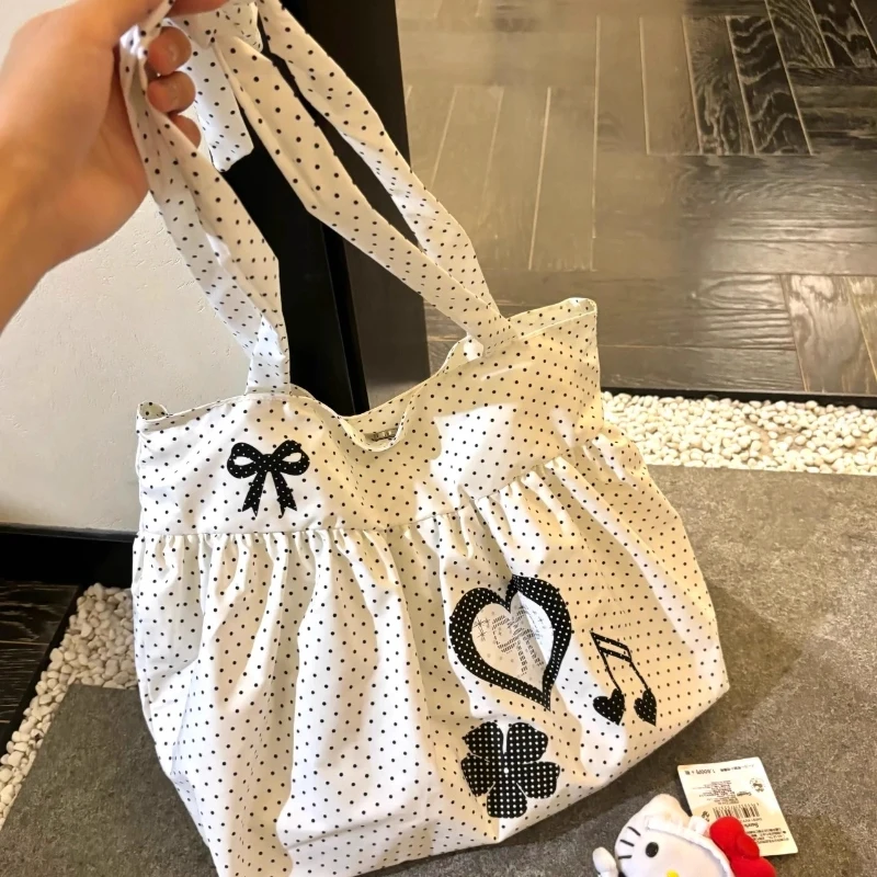 Koreanische Polka Dot Umhängetasche Damen Nylon Einkaufstasche Niedliche Schleife Love Note Bedruckte Einkaufstasche Rock Design Magnetschnalle Achseltasche – Detail 12
