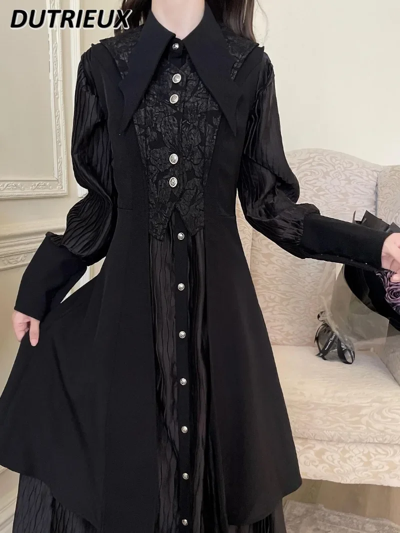 Women's Spring and Autumn Gothic Lolita Single Breasted Inner Pleated Long Shirt Dress + Outer Vest Trench Coated Suit