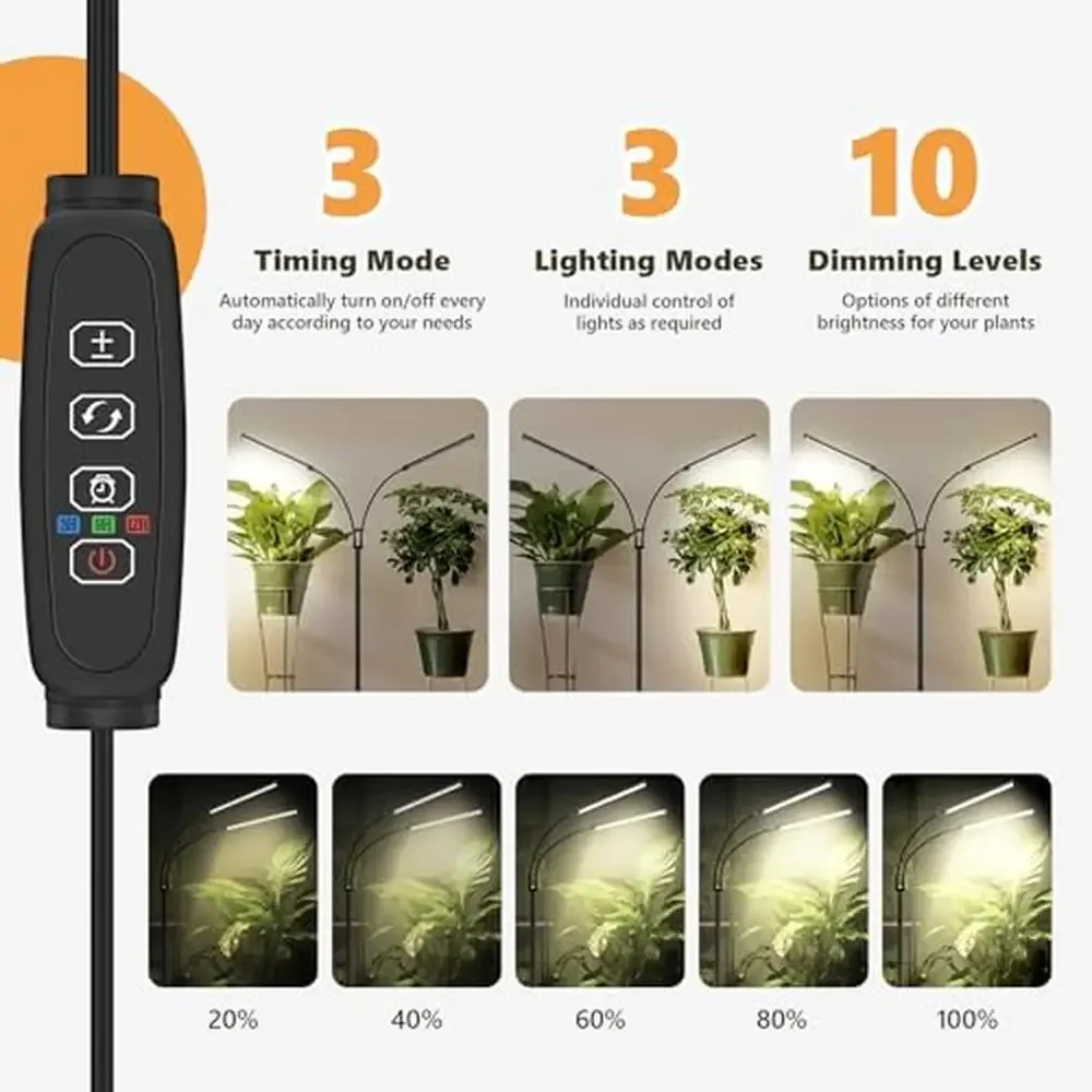 Luz de cultivo de plantas de doble cabezal para interiores, 30W, 144LED, espectro completo, cobertura de área amplia, altura ajustable, Control del temporizador, niveles regulables