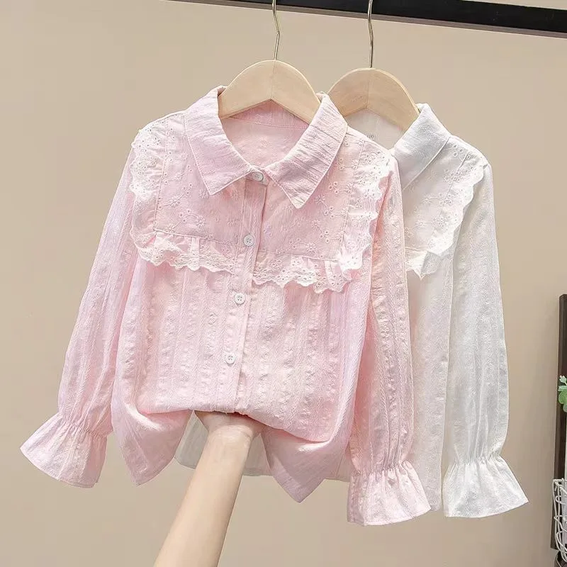 Girl's Cotton Puff Sleeve Cardigan Shirt Spring Autumn Long Sleeve Base Layer Children's Open Collar Shirt Stylish Comfy​