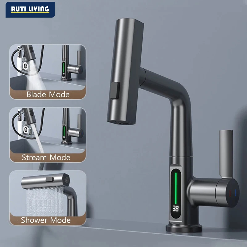 RUTI Intelligent Digital Display Waterfall Pull Out Kitchen Faucet Cold Hot Mixer Taps Rotatable Sink Lifting Basin Faucet