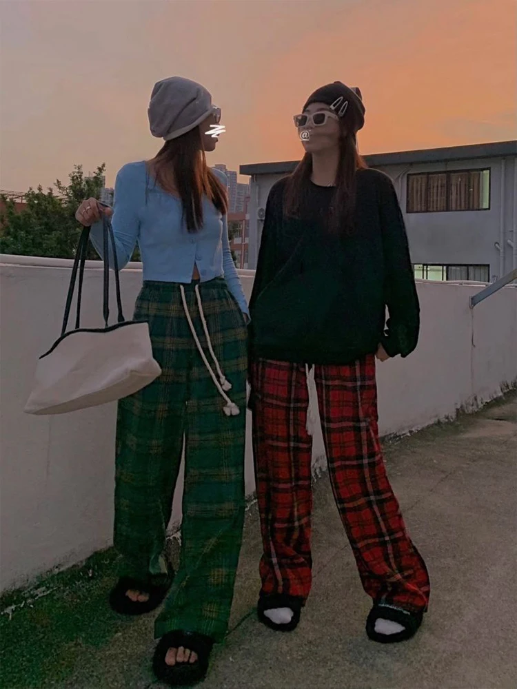 Summer Loose Striped Casual Straight Pant Perppy Drawstring Pockets Pants Women Korean Basic Office Spring Normcore Trousers