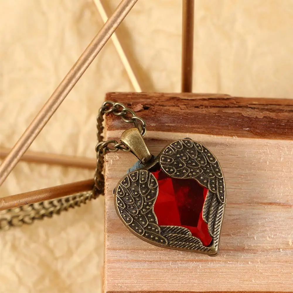 Hollow Long Red Crystal Love Angel Wing Girls Necklace Jewelry Pendant Peach Heart