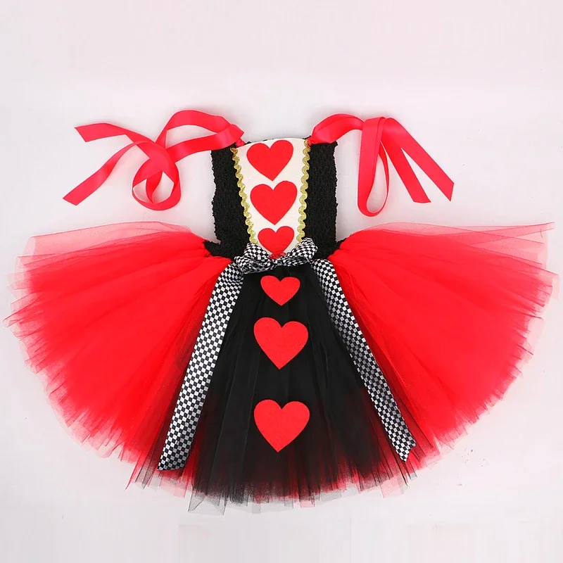 HN8 Red Queen of Hearts Costumes for Girls Alice Fancy Lined Tutu Dress Kids Halloween Christmas Party Outfit with Crown Mag)4Dc