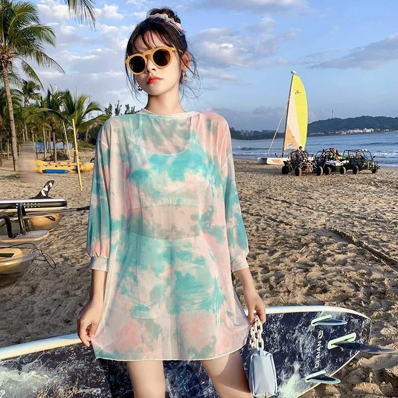 Sweet Tie Dye Three Piece Swimsuit Set with Sheer Cover Up Crop Top High Waist Shorts Modest Swimwear for Beach Pool Vacation - Image 2