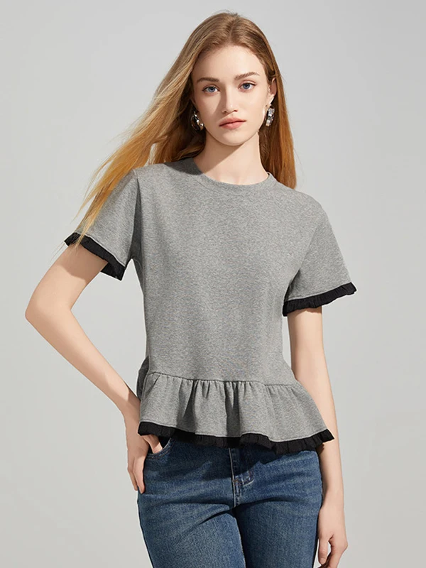 

plus Size 300 Pounds Grey Versatile round Neck Short Sleeve T-Shirt Women's Lace Hemline Fashionable Top Summer Korean Style ...