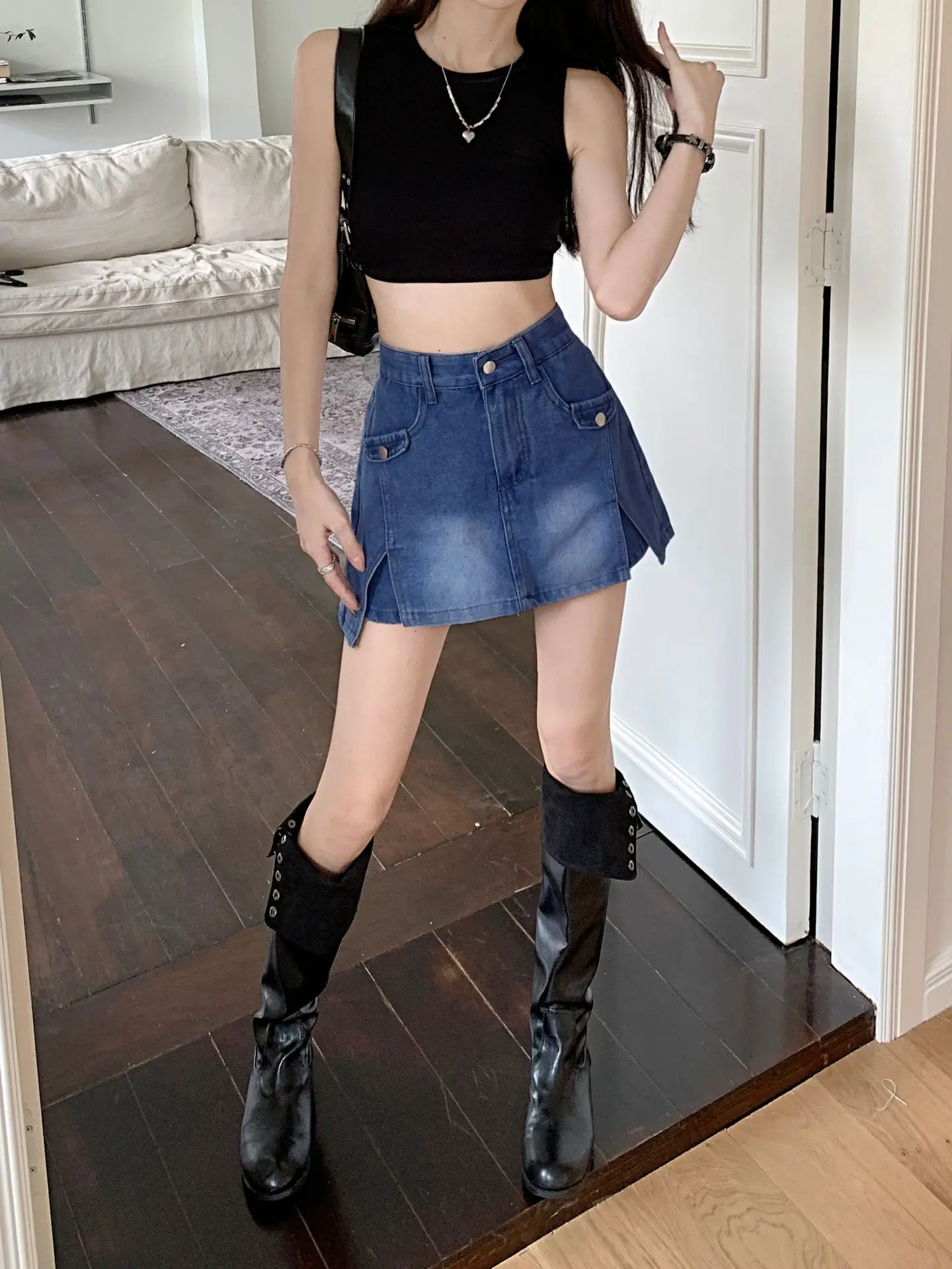 통근자 성격 불규칙한 데님 짧은 스커트 여성용, 여름 한국 디자인 센스, 하이 웨이스트 슬림 힙 랩 A 라인 반바지