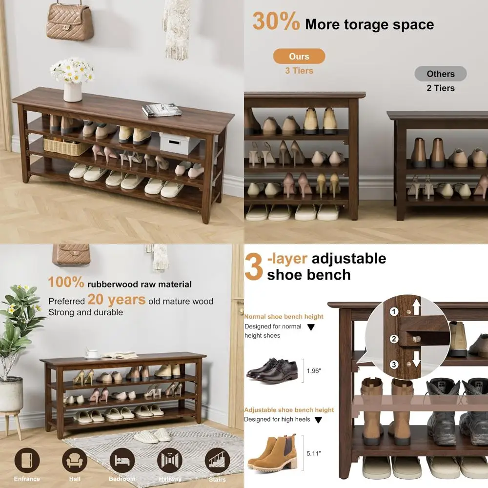 Очень большая скамейка для прихожей из массива дерева с 4-х уровневым местом для хранения обуви