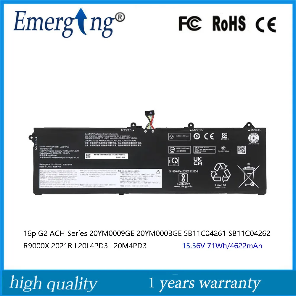 15.36V 71Wh L20M4PD3 L20L4PD3 Laptop Battery for Lenovo ThinkBook 16p G2 ACH Series 20YM0009GE 20YM000BGE 5B11C04261R9000X 2021R