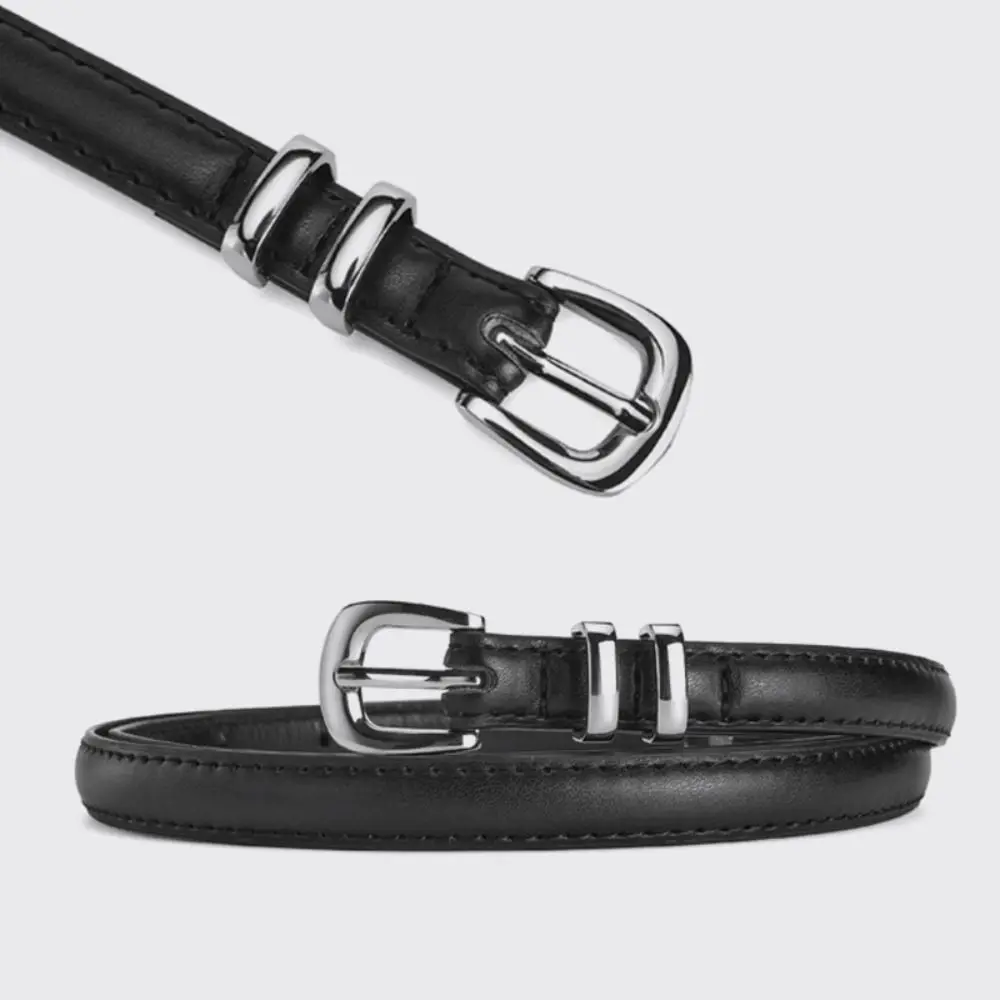 Fashion Luxury Design PU Leather Belt Versatile Retro Silver Pin Buckle Waistband Casual Thin Belts