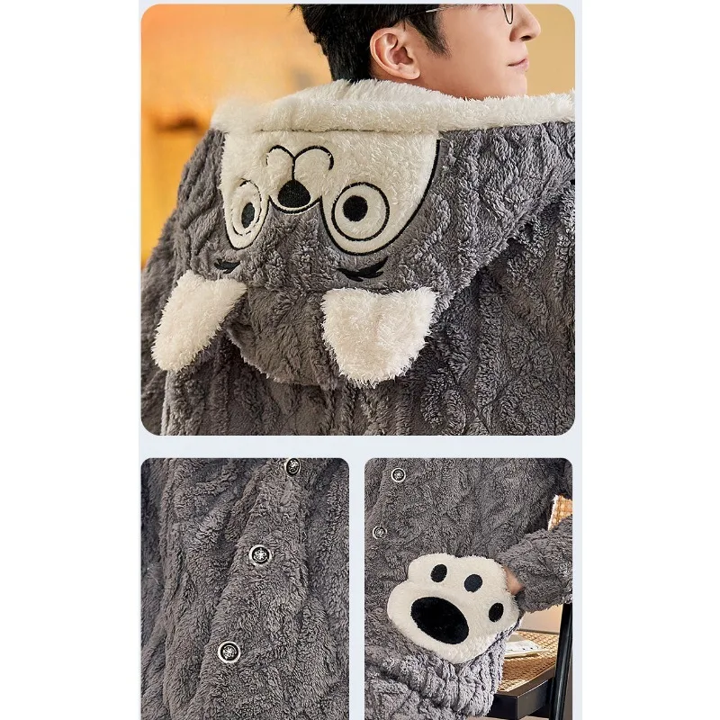 Male Pajamas Winter Three-Layer Fleece Lined Thickened Quilted Men Cartoon Homewear Suit Large Size Hooded Warm Nightclothes