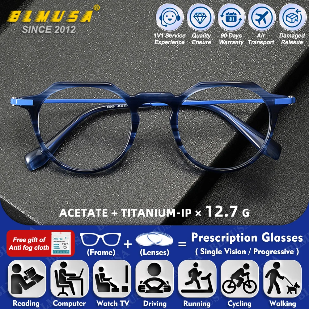 

BLMUSA (S) Men Pure Titanium Polygonal Frame Myopia Customized Prescription Glasses Anti Blue Light Progressive Computer Eyeware