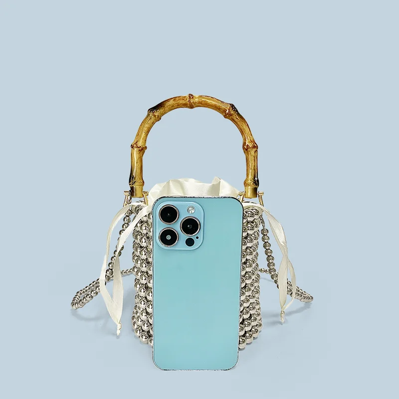 New niche design drawstring bucket bag, pearl chain bag, hand-held bamboo bag, hand woven crossbody bag