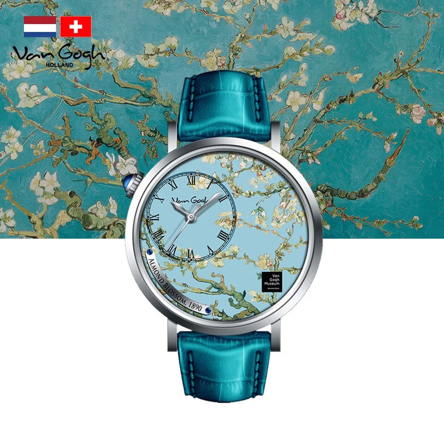 Van Gogh Original watch Apricot Blossom Oil Painting Art Quartz Watch 36mm Dial Waterproof Genuine Leather Strap Anti-scratch