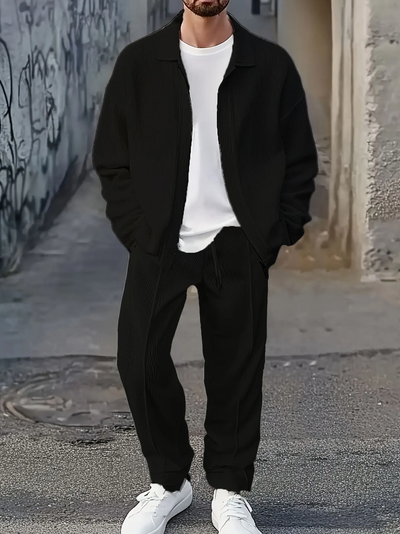 Conjunto deportivo de 2 piezas de manga larga de color sólido para hombre, conjunto de chaqueta y pantalones con cremallera, adecuado para deportes al aire libre