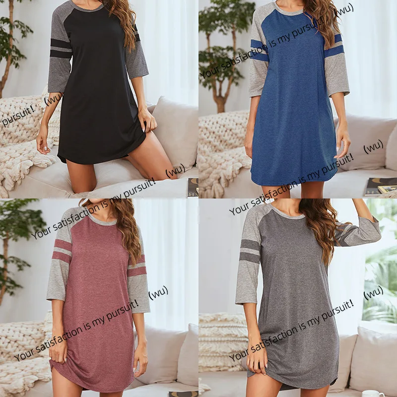 

Европейская и американская женская домашняя рубашка, ночная рубашка контрастного цвета в полоску, круглый вырез, короткий рукав, домашняя женская пижама
