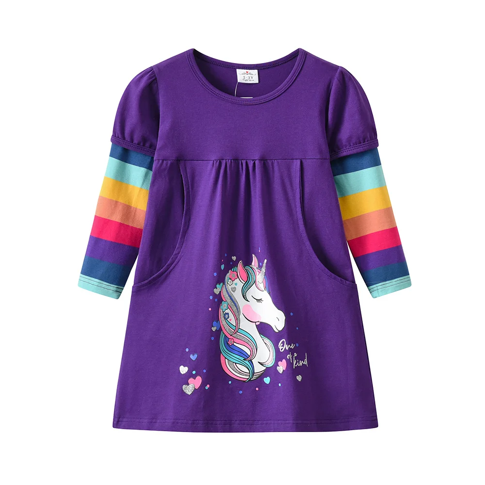 DXTON Kids Dress for Girls Autumn Winter Long Sleeve Cotton Dress Rainbow Unicorn Cartoon Print Casual Wear Children Clothes