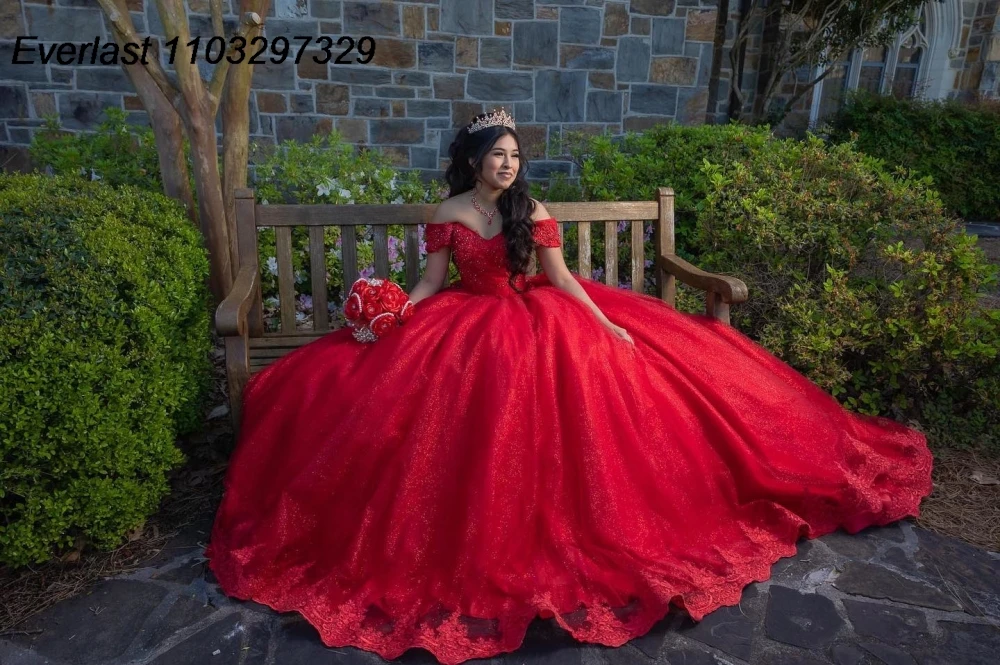 EVLAST-Vestido De quinceañera rojo personalizado, Vestido De baile De encaje brillante, apliques De flores, corsé con cuentas, dulce 16, Vestido De 15 Anos QD1166