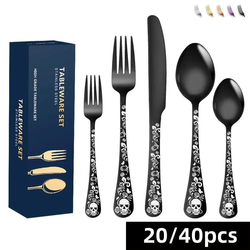 

Stainless steel knife, fork and spoon set tableware Skull Western food gift box with 5 components for 4 people /8 people