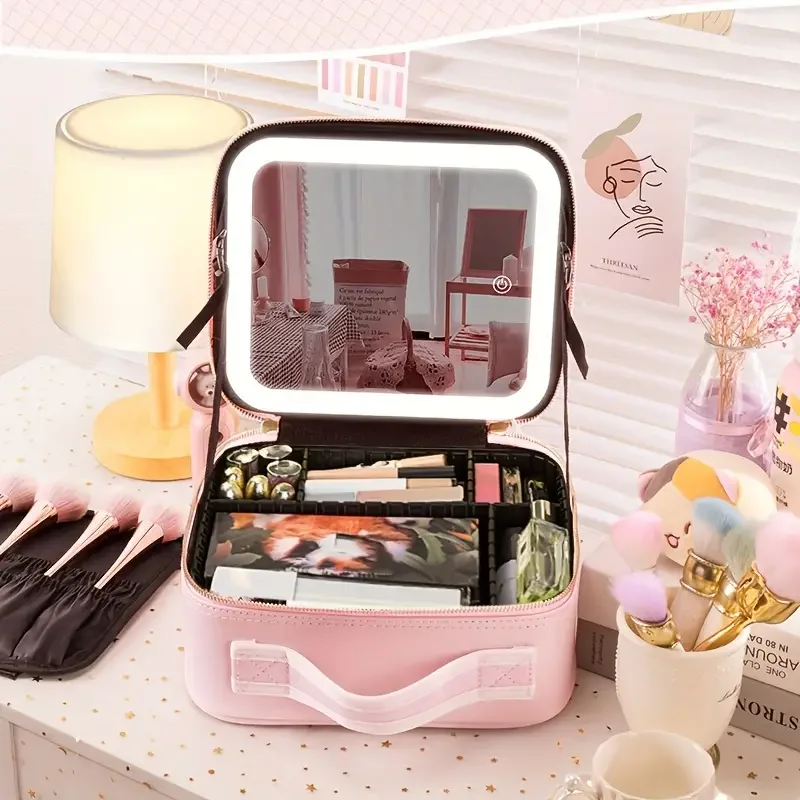 3-Color Portable Travel Makeup Bag with Mirror and Rechargeable LED Light - Waterproof, Unscented, and Lithium Battery Powered