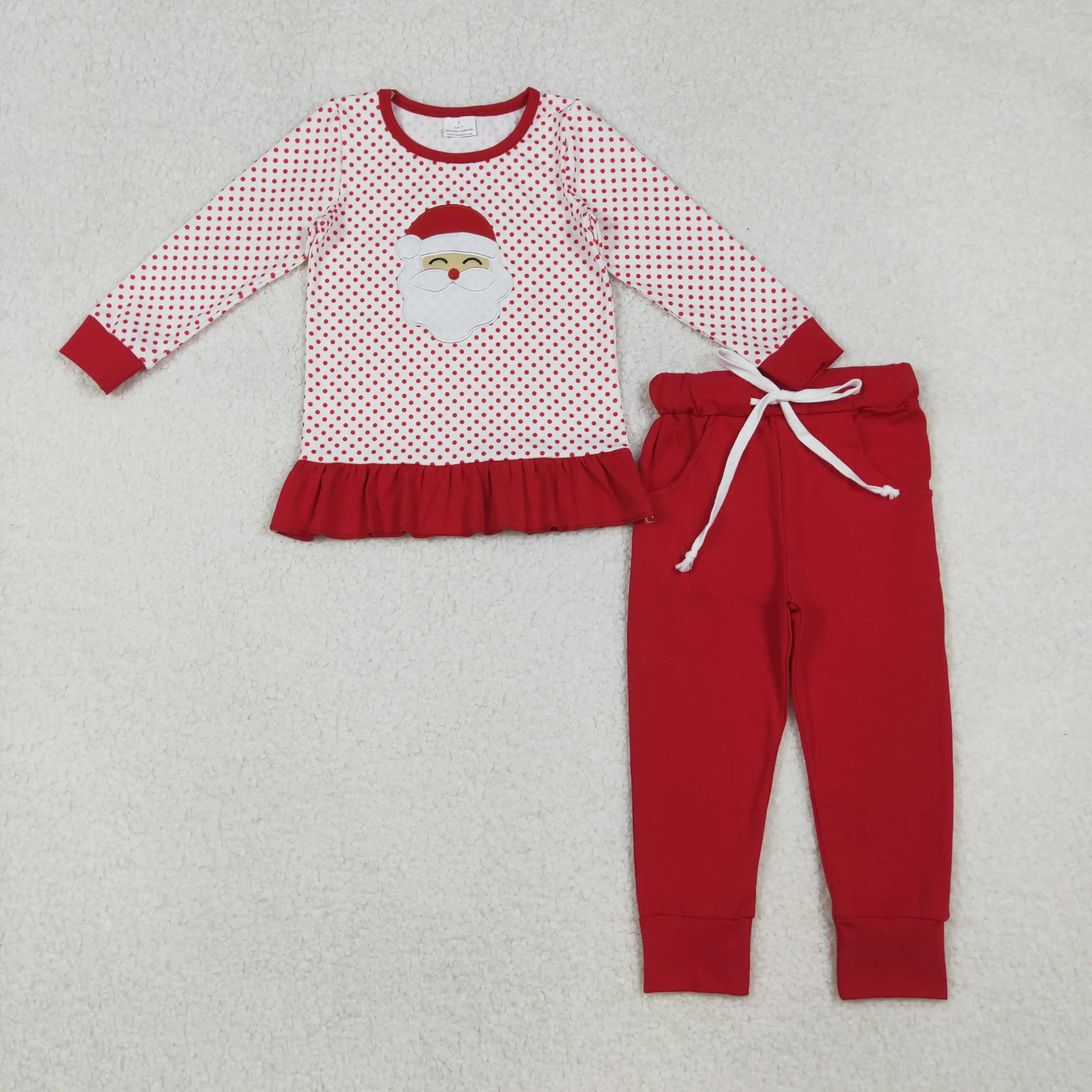 

10.9y Winter girls' clothing wholesale embroidered Santa Claus red polka dot lace long sleeve trousers suit