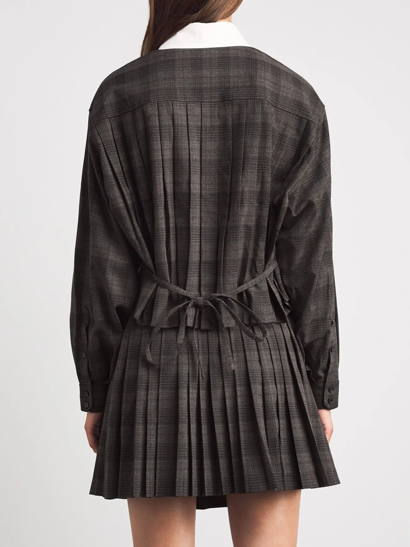 Early Autumn Preppy Style Plaid Shirt And Pleated  Skirt Set Contrast Color Turn-down Collar Short Length High Waist