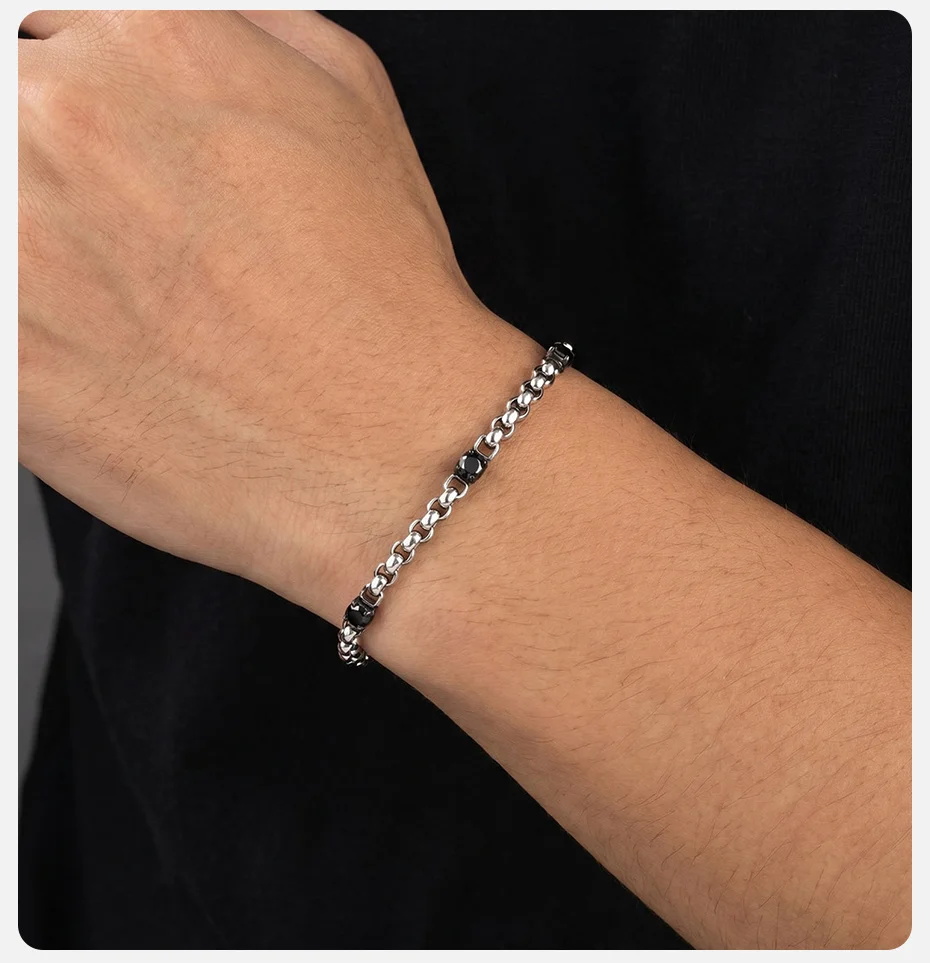 Vnox Herren-Armband aus Edelstahl mit Kastenkette, schwarzes quadratisches CZ-Gliederarmband, verstellbar, Punk-Schmuck, Geschenk für ihn, Ehemann, Freund – Detail 3