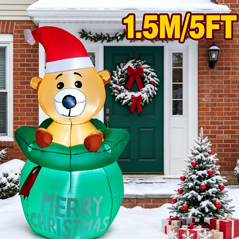 Christmas Inflatable Bear in Green Gift Bag with Santa Hat, MERRY CHRISTMAS Blow Up Decor for Indoor Home Fireplace Holiday Deco