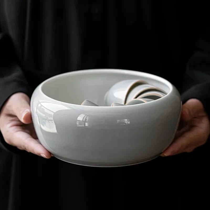 Ice Gray Smoky Gray Glaze Tea Wash Large Size Ceramic Wash Tea Residue Barrel Tea Basin Writing-Brush Washer