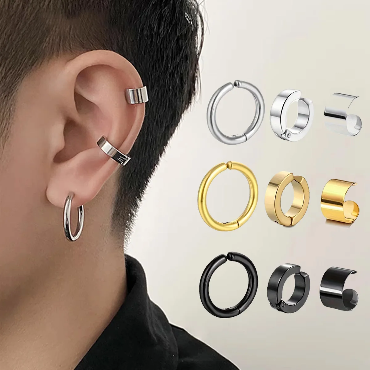 3pcs/Set Punk Rock Non-Piercing Huggie Hoop Earrings Stainless Steel Ear Cuffs For Men Women Simple Hip Hop Street Style Jewelry