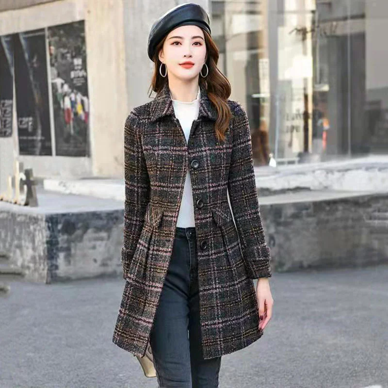 

Autumn Winter Women Jacket New Women Woolen Coat Fashion Ladies Wool Coat Single-Breasted Slim lattice Woolen Overcoat Female