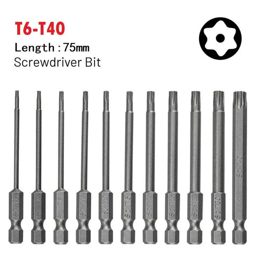 Destornillador Torx de cabeza magnética, destornillador hexagonal de 1/4 pulgadas, herramienta de mano de estrella a prueba de manipulaciones, 75mm,