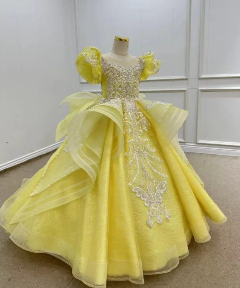 Yellow Tailored Children's Dress Beading Crystal 2024 New Girl's Birthday Party Princess Dress Girl Baby's Costumes Long Tail