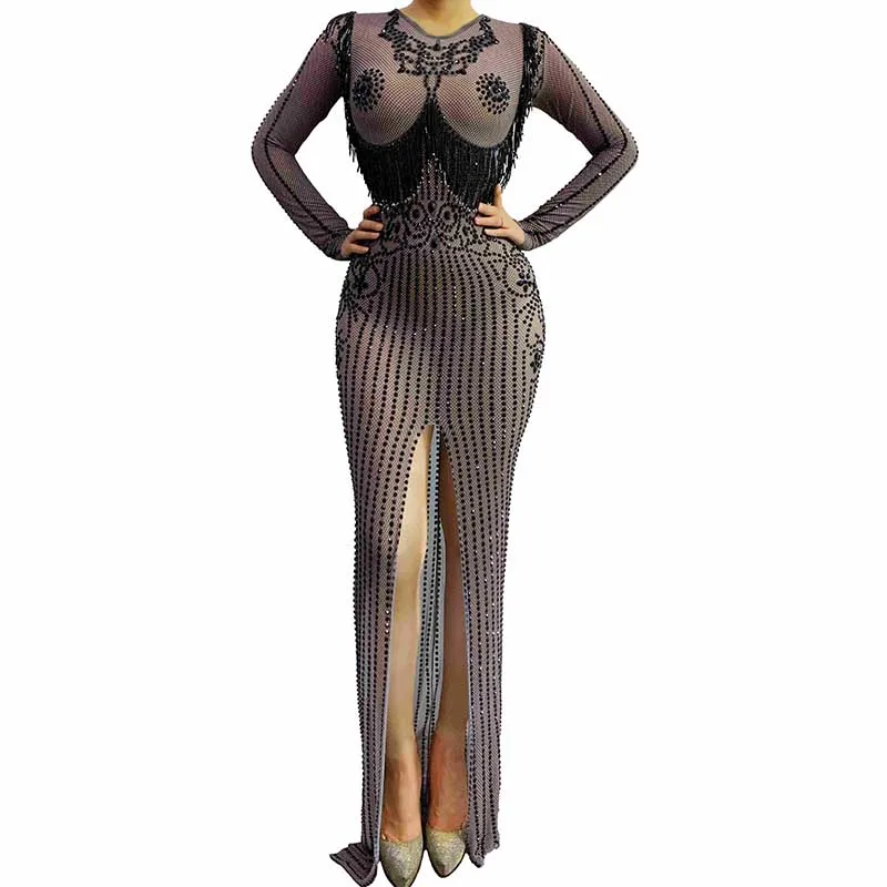 Black Rhinestone Evening Dress Frmale Gogo Nightclub Birthday Outfit Singer Host Stage Performance High Slit Party Dresses