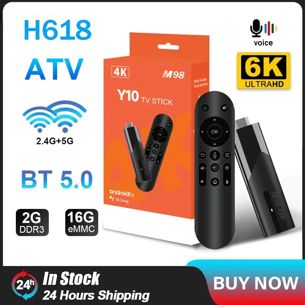 M98 Y9 Android TV Stick 2024 Amlogic S905Y4 جهاز التحكم عن بعد الصوتي HD 4K 3D 2GB 16GB Dual WiFi 2.4G 5G TV Box IPTV Netflix YouTube