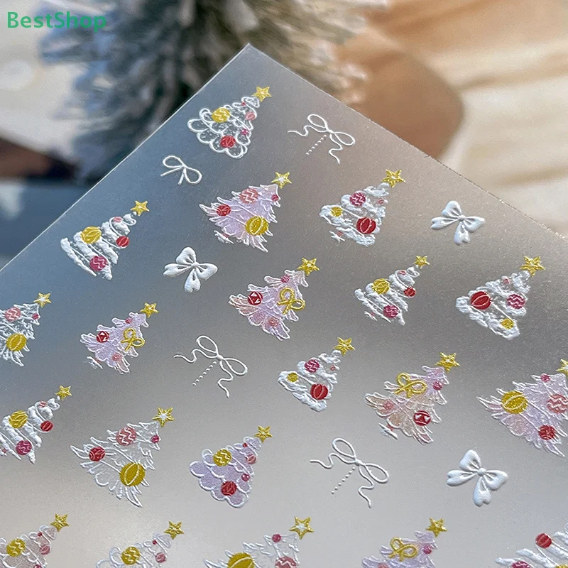 Xmas Tree Nail Stickers Embossed Nail Art Self-Adhesive Decals For Manicure Christmas Party Charm Nail Ornaments