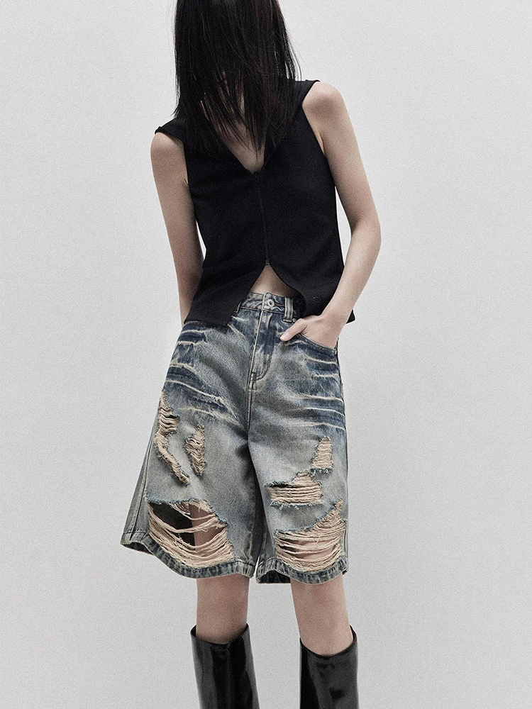 2024 New Summer Vintage Jeans Shorts Women Harajuku Streetwear Ripped Denim Pants Washed Straight Leg Pants