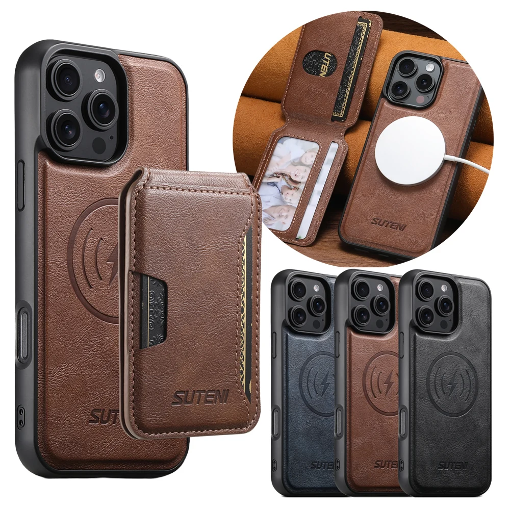 

Кожаный чехол в стиле ретро с подставкой Magsafe, чехол-кошелек с магнитной подставкой для телефона, бампер для iPhone 16 Plus 15 ProMax 14 Pro 13 12 Сумка для карт