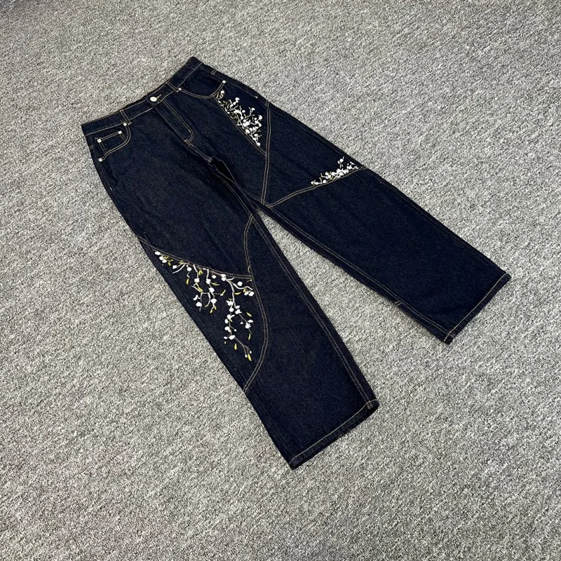 

Derschutze Jeans American Street Floral Embroidery Patchwork Women Men Denim Trousers Sweatpants Streetwear