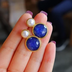 Vintage Style Exquisite Pearl Round Lapis Lazuli Earrings for Women Silver Inlaid Classic Blue Stud Earings Jewelry Gift