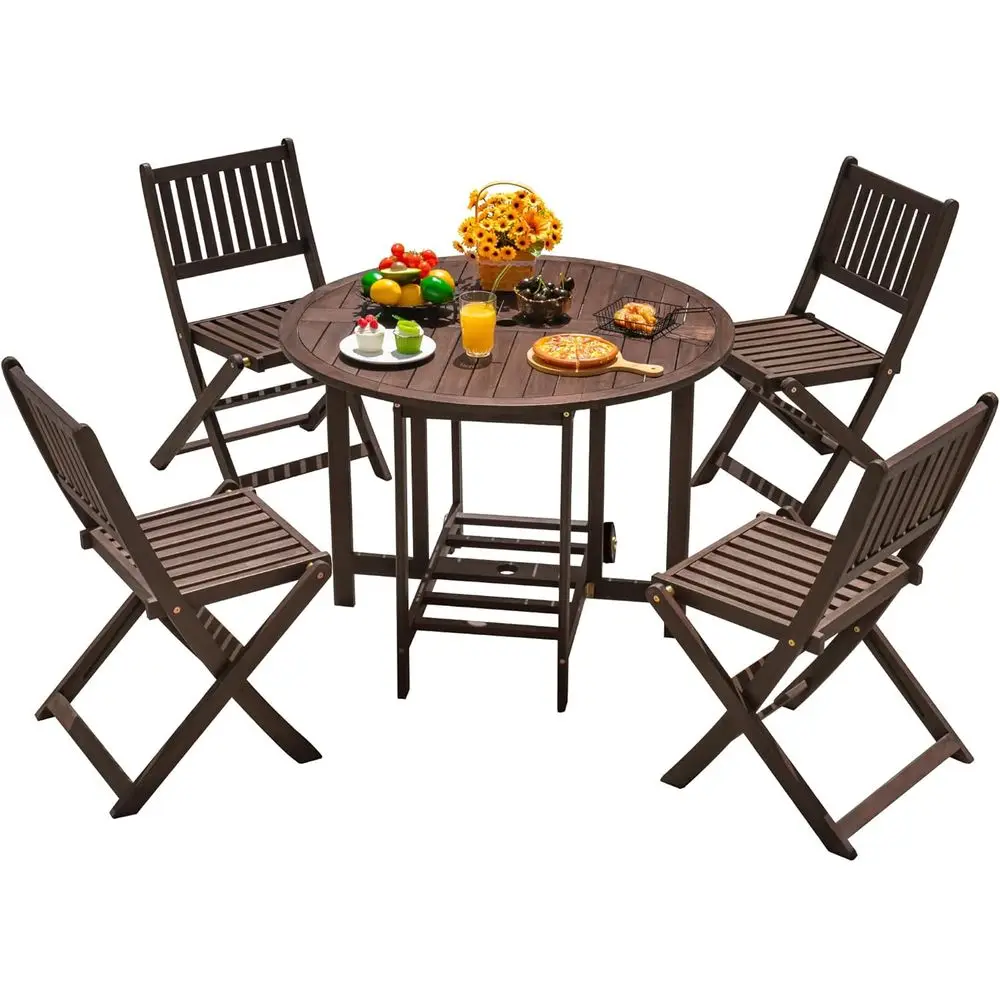 

Acacia Wood Patio Dining Set with 4 Folding Chairs and 37 Round Table for Outdoor Use