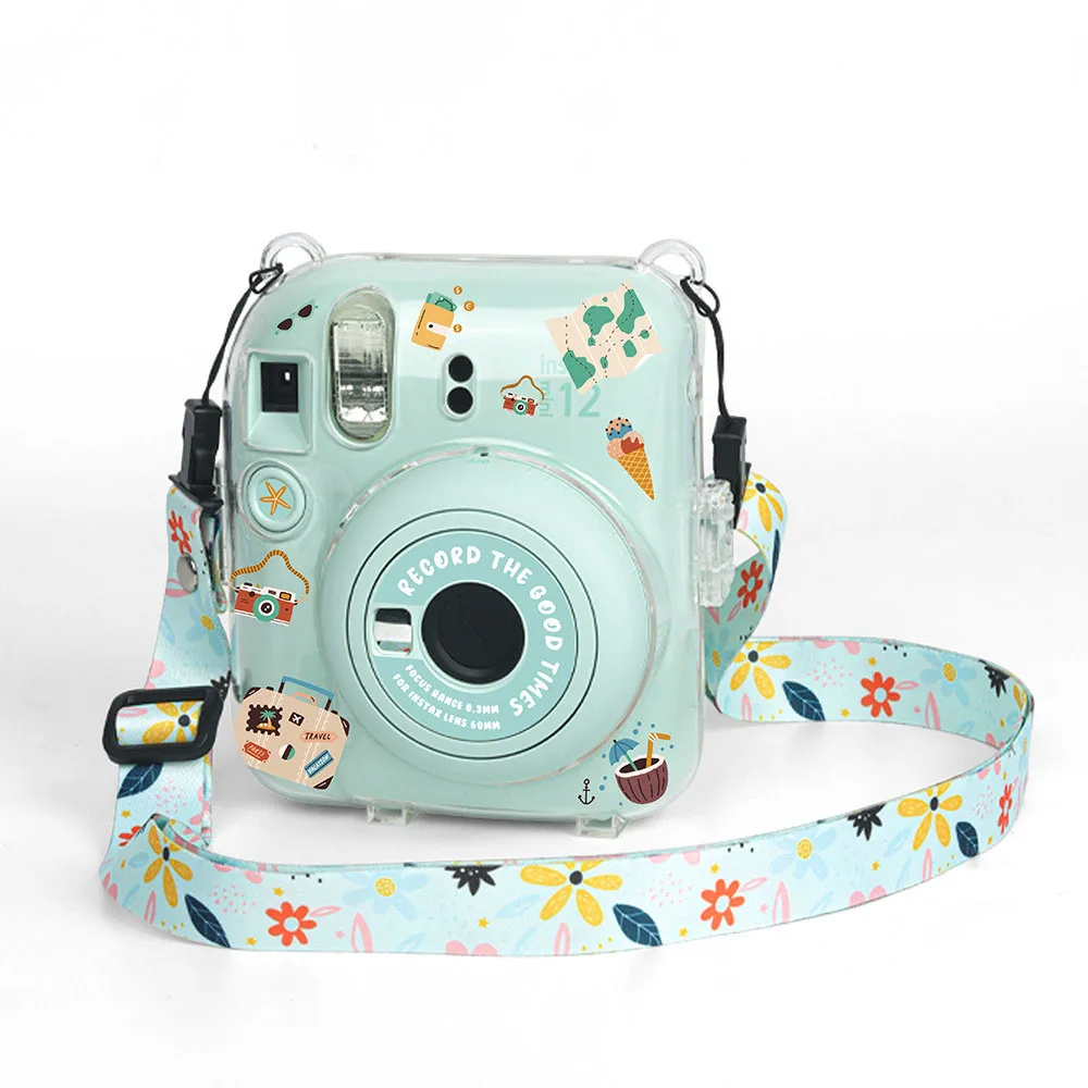 حقيبة كاميرا لـ Instax Mini 12 حافظة شفافة غطاء للحماية حزام الكتف حقيبة التخزين حزام حماية ملصق مجموعة من 3 قطع