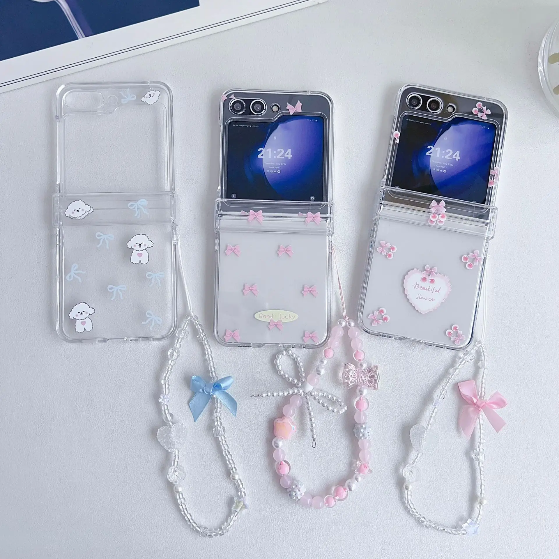 

Pink Blue Bowknot Phone Case for Samsung Galaxy Z Flip 7 6 5 4 Protective Back Cover for ZFlip5 ZFlip6 ZFlip7 Case Shell