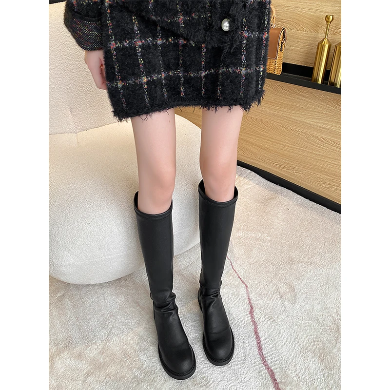 New Fashion Pleated Boots Elastic Soft Leather Stretch Boots Female Genuine Leather Outdoor Knee-length High Boots Women Shoes