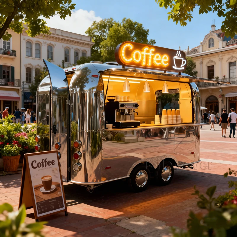 

New Design Tea Coffee Food Trailer Stainless Steel Food Truck Trailer Movable Fully Equipped Food Truck with Awning