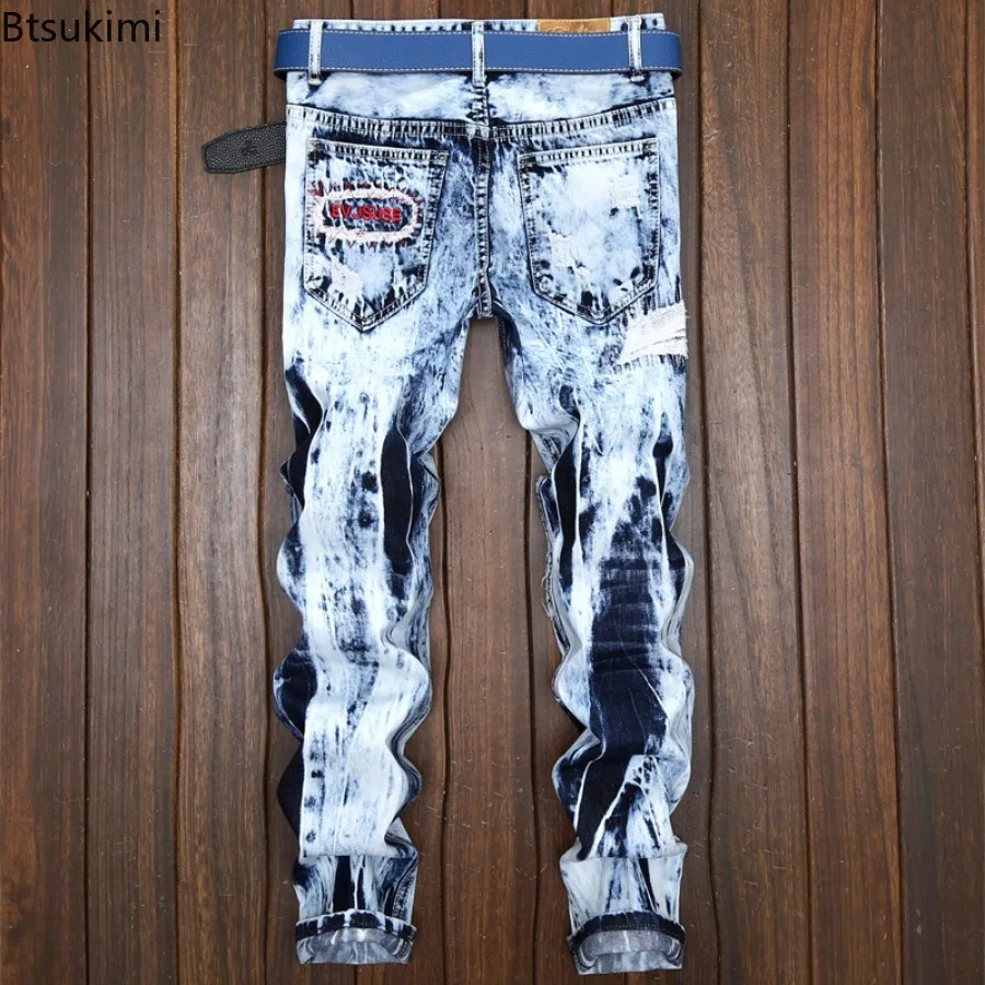 Fashion High Street Men's Jeans Trend Embroidery Patchwork Ripped Hole Denim Pants Men Vintage Straight Casual Pants Large Size